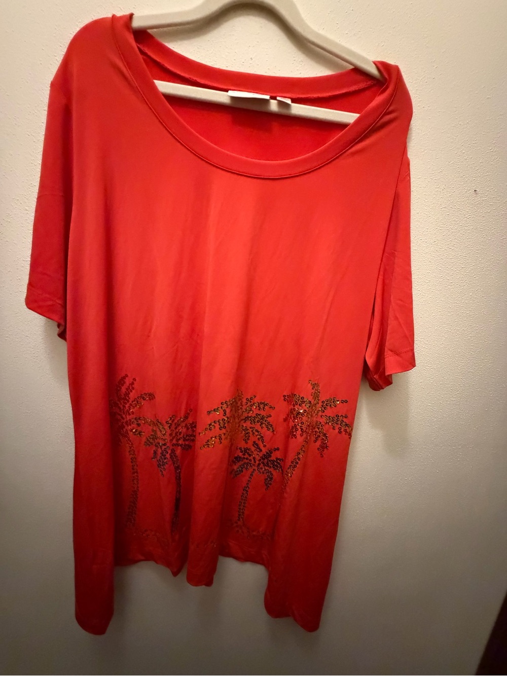 Quacker Factory Coral Red Short Sleeve Tee with Palm Motif